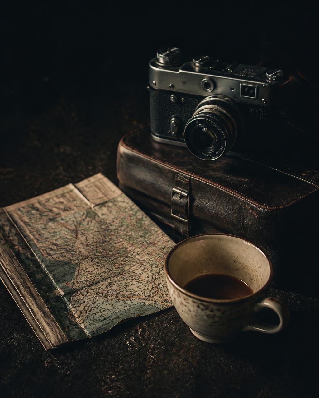 An old film camera, a folded map and a cup on a dark table