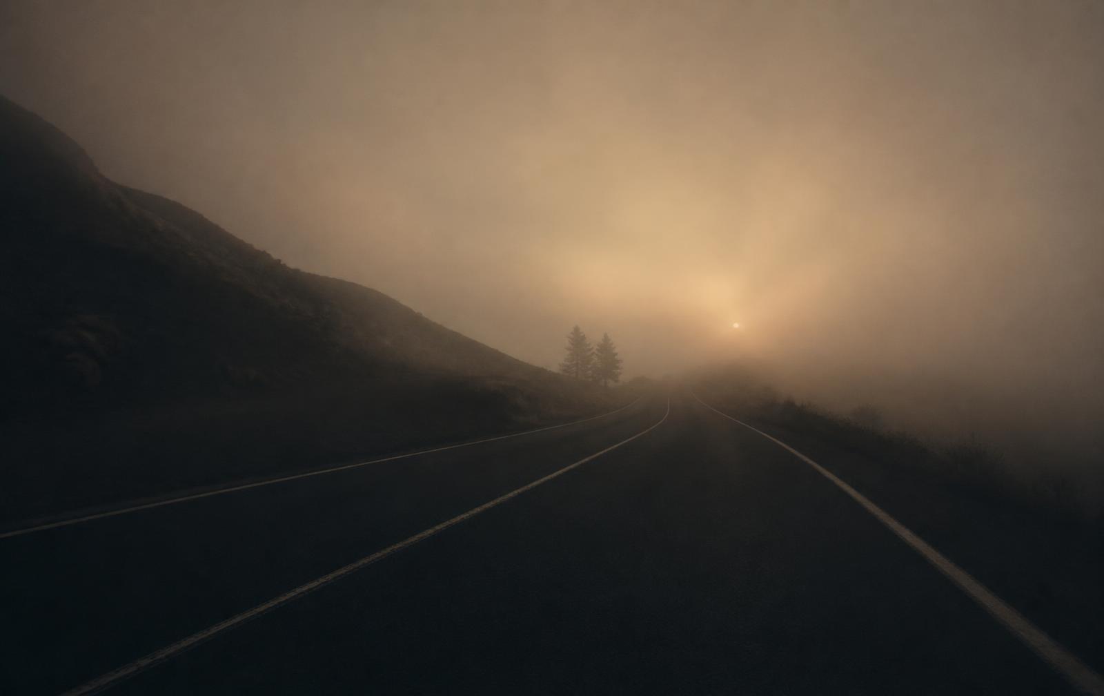An empty road disappearing into dawn fog