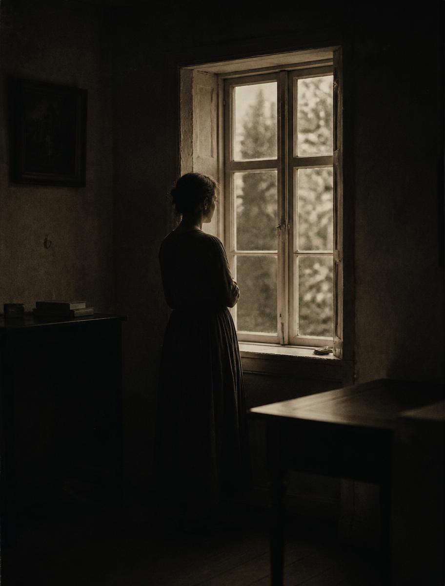 A figure standing at a window in a dim room