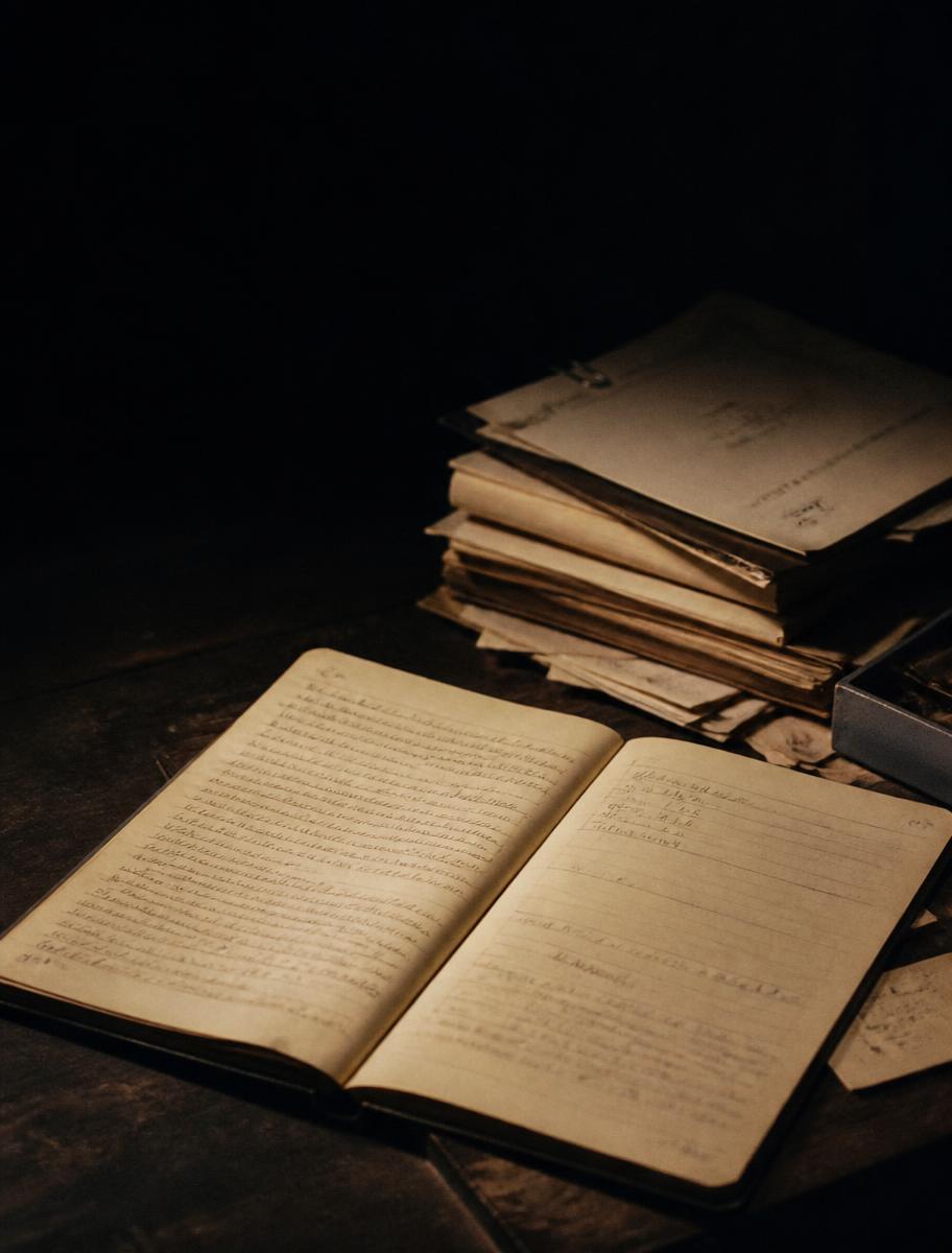 An open notebook beside a stack of papers