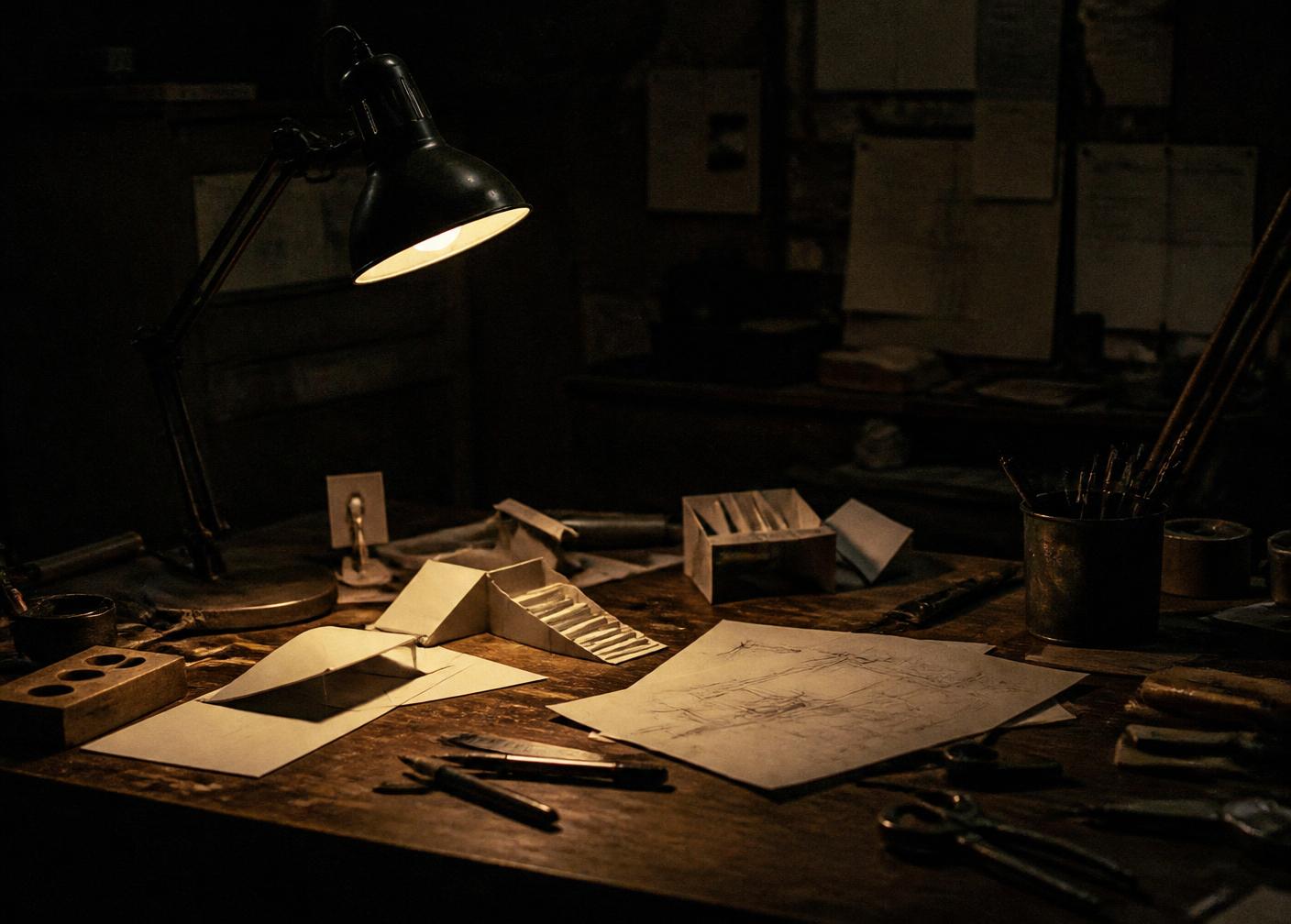 A workbench with paper prototypes under a single lamp